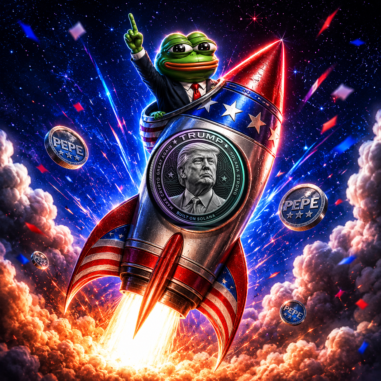 Pepe riding a Trump Great Again rocket