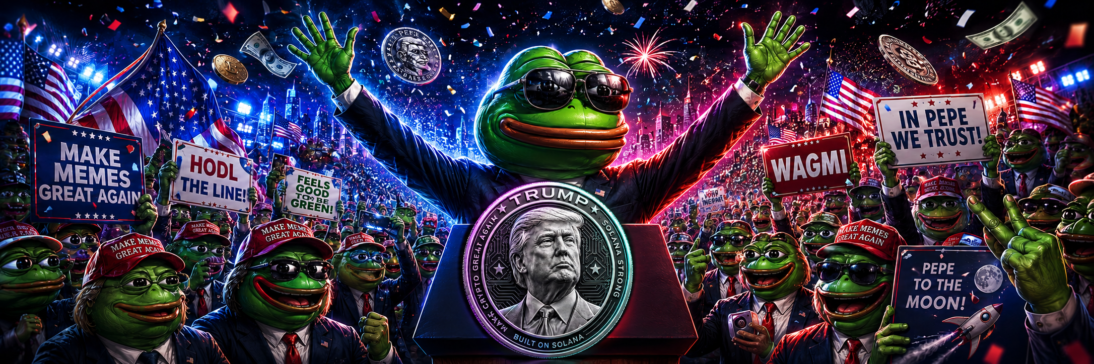 Crypto meme rally with a Pepe crowd, American flags and the Trump Great Again coin